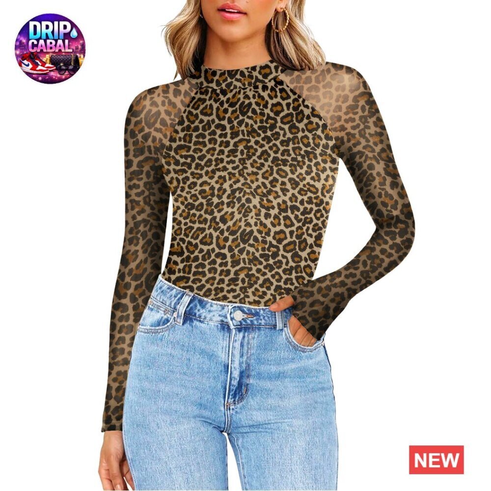 Floral Mesh Sheer Top Mock Neck Long Sleeve Double Lined Fitted Blouse